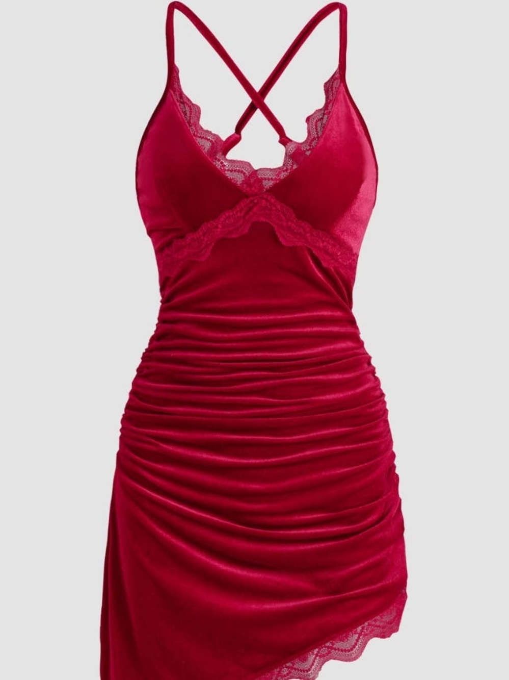Cider Wine-Red Velvet Lace-Trim Ruched Slip Dress